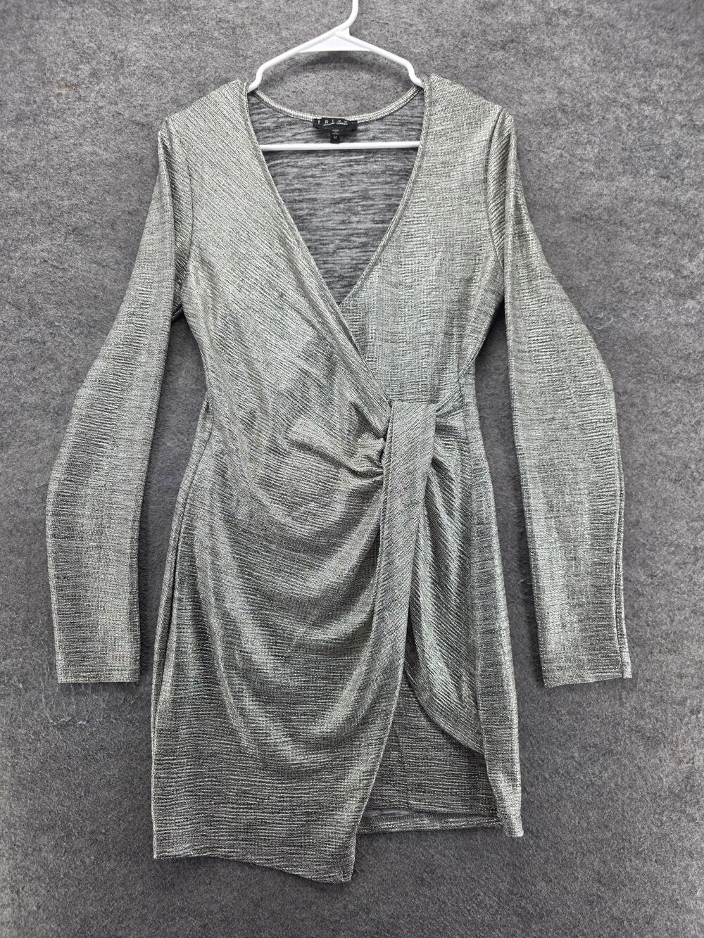 Trixxi Dress Womens M Gray Wrap Dress Knee Length V-Neck Ruched Long Sleeve